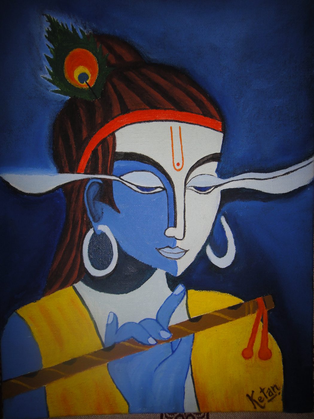 Acrylic painting of Krishna with a flute